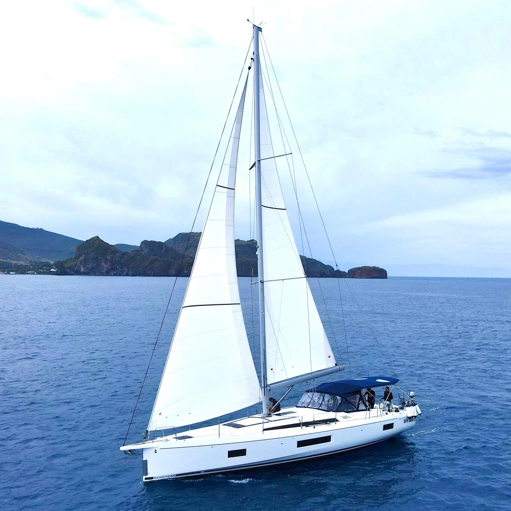 Drone view of the Oceanis 51.1 Le Streghe sailing in the Aeolian Islands